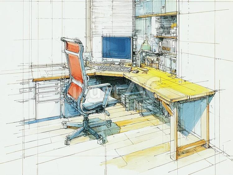 作業用デスクの設計図 水彩,透視図,図解のイラスト素材