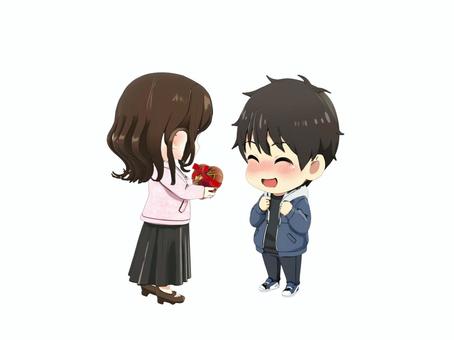 バレンタインチョコレートを照れて喜ぶ彼氏 バレンタイン,チョコレート,カップル,プレゼント,恋人,ギフト,男性,女性のイラスト素材