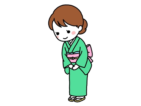 新年の挨拶をする着物の女性 女性,着物,お辞儀,挨拶,正座,正月,新年,年賀状,全身,手描きのイラスト素材