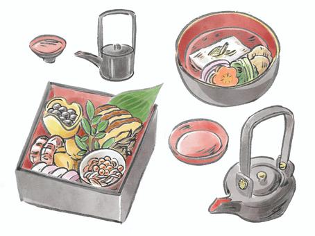 お正月の食事のイラスト お正月,食べ物,三が日,おせち,おとそ,お雑煮,お酒,お祝い,祝い酒,日本酒のイラスト素材