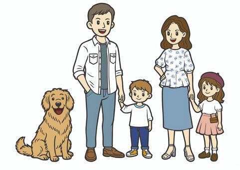 4人家族-1-若夫婦・姉弟・犬 4人家族,パパ,ママ,子供,息子,娘,妹,兄,弟,若夫婦のイラスト素材