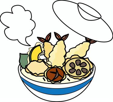 天丼　 天丼,海老,野菜,どんぶり,フタ,開ける,湯気,和食,メニュー,デフォルメのイラスト素材