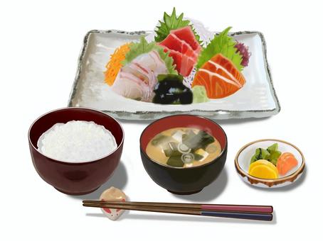 刺身の盛り合わせとごはん 刺身,お刺身,活け造り,盛り合わせ,定食,食べ物,和風,ごはん,ご飯,みそ汁のイラスト素材