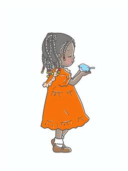 少女と青い鳥_10の2 少女,女の子,青い鳥,ワンピース,横顔,オレンジ色,挿絵,三つ編み,オシャレヘアスタイルのイラスト素材