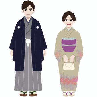 七五三、着物姿の父母　年賀状にも 七五三,着物,母,父,親,夫婦,女性,男性,全身,アイコンのイラスト素材