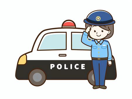 パトカーと敬礼する女性警察官_カラー 警察官,警察,女性,敬礼,挨拶,パトカー,車,乗り物,職業,仕事のイラスト素材