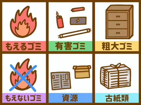 ゴミの分別•有害ゴミなど ごみ,分別,ゴミ捨て,表,もえるごみ,燃えないごみ,有害ゴミ,資源,古紙,粗大ゴミのイラスト素材