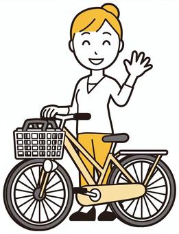  お団子主婦(黄)-466-全身 自転車,笑顔,女性,主婦,ママ,長袖,シャツ,半端袖,お団子,アップヘアのイラスト素材