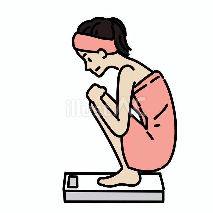 体重計の上で座りこむ女性 女性,全身,真顔のイラスト素材