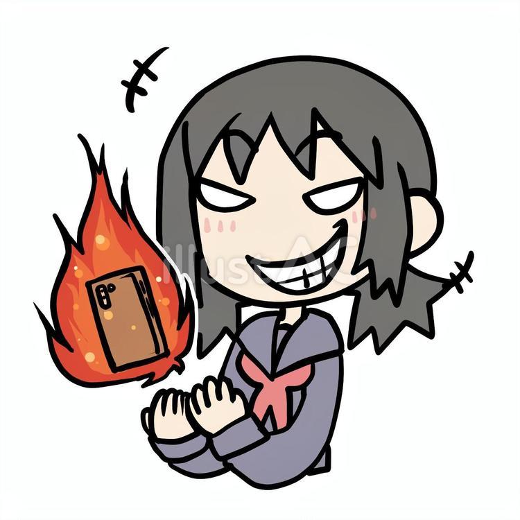 スマホが炎上してほくそ笑む学生少女 スマホ,炎上,ほくそ笑むのイラスト素材