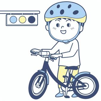 自転車で信号待ちをする男の子_淡色版 淡色版,男の子,男子,日本人,子ども,全身,長袖,長ズボン,自転車,信号待ちのイラスト素材