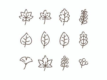 紅葉、落ち葉のシンプルイラストセット線
