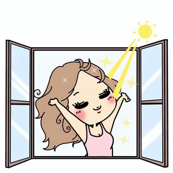 ぶりっ子　起きて太陽浴びて伸びをする女子 深呼吸,伸び,女性,女子,窓,屈伸,息,体操,爪先立ち,ストレッチのイラスト素材