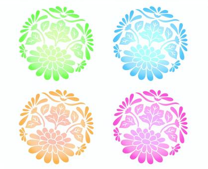 和風　花文様４色 模様,和風,丸い,花,菊,４色,黄緑,水色,柿色,ピンクのイラスト素材