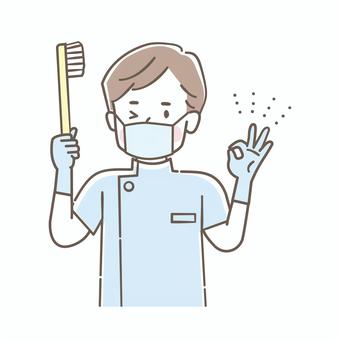歯磨きの指導をする男性の歯科医師 歯科,歯科医師,歯ブラシ,治療,ウィンク,歯磨き,医療,マスク,可愛い,オッケーのイラスト素材