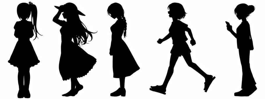 私服女の子全身立ち絵シルエットセット1 女の子,シルエット,セット,少女,女性,私服,立ち絵,trpg,全身,横顔のイラスト素材