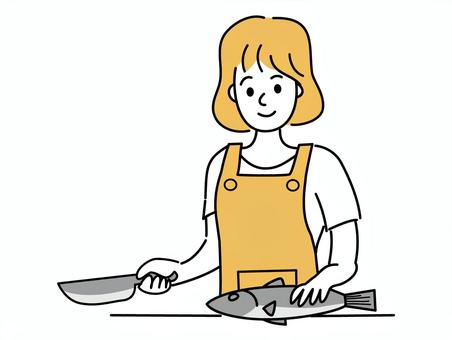 A woman about to cut a fish, , JPG, PNG and AI