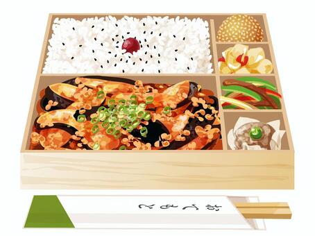 麻婆茄子弁当（折詰） 麻婆茄子,弁当,昼食,料理,食べ物,ご飯,梅干し,ごま,ゴマ団子,焼売のイラスト素材