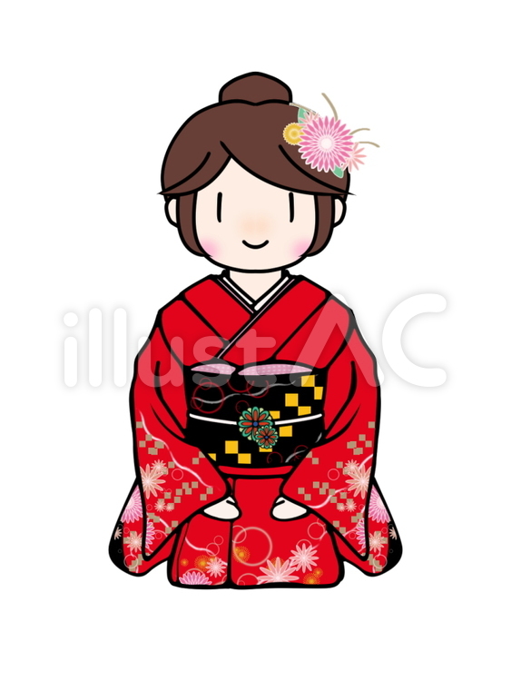 和服姿(振袖･赤･座) 和服,着物,正月のイラスト素材