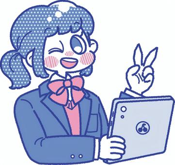 タブレットPCを手に笑顔の女子学生 学生,パソコン,オンライン,インターネット,デジタル,中学生,高校生,女の子,人物,タブレットのイラスト素材