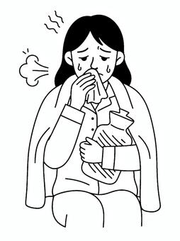 風邪をひいている人 女性,風邪,シンプル,白黒,線画,手描き,デフォルメのイラスト素材