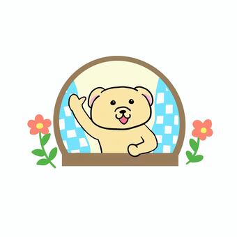 窓辺で挨拶する犬 犬,動物,キャラ,ポップ,かわいい,窓辺,窓,挨拶,おはよう,こんにちはのイラスト素材