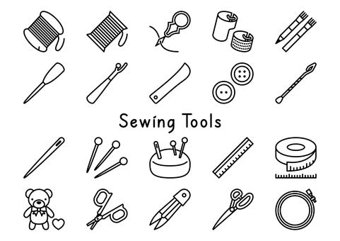 かわいい裁縫道具-線画アイコンセット 裁縫,手芸,道具,手縫い糸,ミシン糸,糸通し,指ぬき,チャコ鉛筆,目打ち,リッパーのイラスト素材