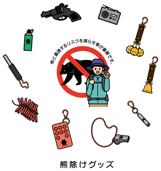 熊対策グッズ 熊,熊除け,グッズ,道具,ホイッスル,ホーン,鈴,スプレー,熊おどし,爆竹のイラスト素材