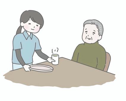 お茶を出す介護士とおじいさん 介護士,介護,高齢者,シニア,お年寄り,介護施設,介護サービス,福祉,お茶,湯呑みのイラスト素材