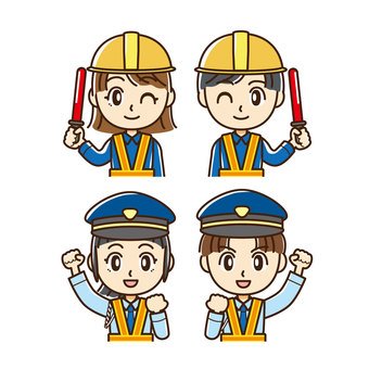 警備スタッフ男女セット（交通誘導） 人物,交通誘導,男女,男性,女性,警備,警備員,制服,帽子,シャツのイラスト素材