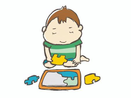 静かにパズルで遊んでいる男児 幼児,パズル,遊ぶ,子供,男の子,男児,笑顔,かわいい,全身,正座のイラスト素材