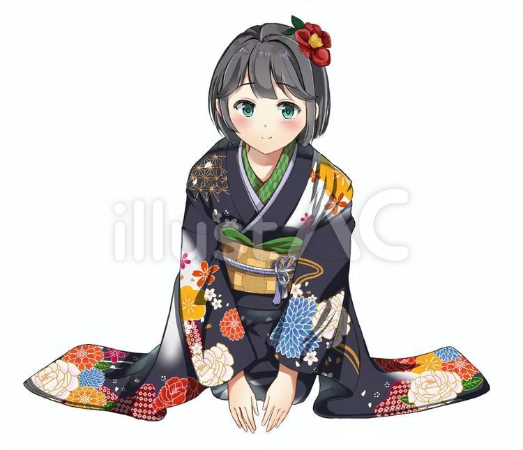 黒い振り袖の女の子 萌え,振り袖,お辞儀のイラスト素材