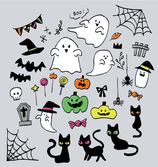 ハロウィン　ラフなイラストセット ハロウィン,お化け,ラフ,線画,落書き,手描き,イラスト,スケッチ,黒猫,蜘蛛の巣のイラスト素材