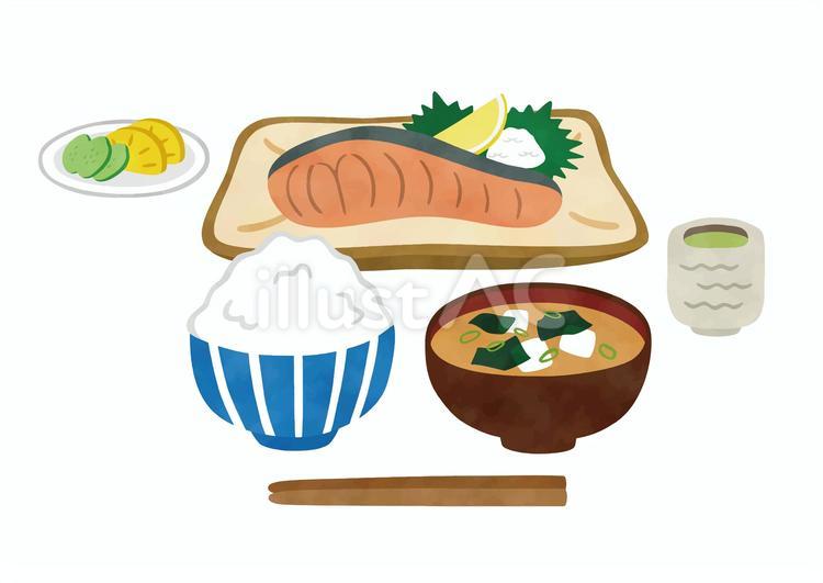 焼き鮭定食　水彩 定食,和食,お米のイラスト素材