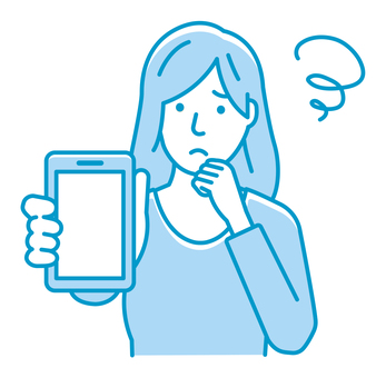 スマホの画面と若い女性イラスト 女性,人物,日本人,スマホ,悩む,困る,アジア人,上半身,若い,困惑のイラスト素材