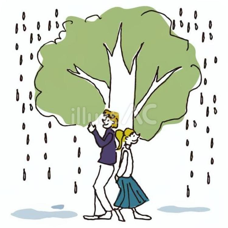 雨の中大きな木のそばで背中合わせに立つカップル 梅雨,雨,男性のイラスト素材