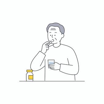 薬を飲む高齢男性のイラスト 薬を飲む高齢男性のイラスト 人物,高齢者,男性,薬,服薬,コップ,水,シニア,予防,健康のイラスト素材