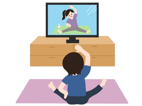 自宅でトレーニング トレーニング,ストレッチ,ヨガ,ダイエット,リモート,女性,美容,宅トレ,人物,手描きのイラスト素材