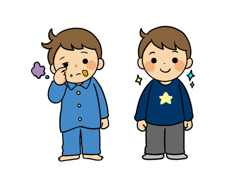 身支度する男の子 男の子,子供,保育園,パジャマ,私服,着替え,長袖,トレーナー,寝不足,寝癖のイラスト素材