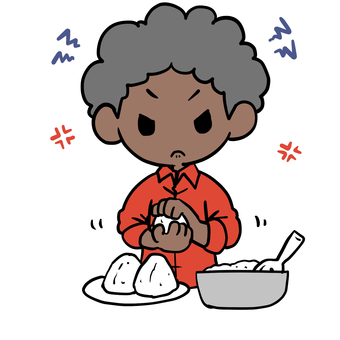 おにぎりを握る怒るアフロ男性 アフロ,怒る,おにぎり,握る,おむすび,家事,イライラ,むかむか,ストレス,不満のイラスト素材