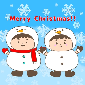雪だるまの格好の子どもたち クリスマス クリスマス,雪だるま,子ども,マフラー,手袋,冬,雪の結晶,文字入り,手書き,かわいいのイラスト素材