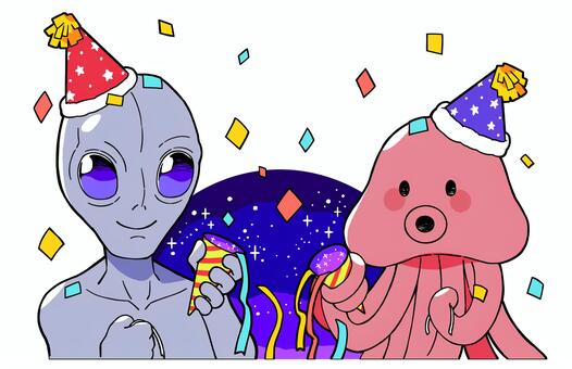 パーティーな宇宙人と火星人 宇宙人,火星人,夜空,パーティー,クラッカー,お祝い,祝福,三角帽子,紙吹雪,イベントのイラスト素材