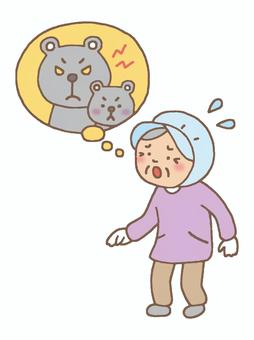親子のクマに怯える畑仕事のおばあちゃん 親子のクマに怯える畑仕事のおばあちゃん クマ,親子,出没,ピリピリ,汗,おばあさん,農作業,割烹着,軍手,心配のイラスト素材