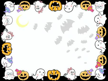 ハロウィンおばけのフレーム黒背景0139 ハロウィン,かぼちゃ,おばけ,フレーム,黒縁,帽子,リボン,ゆるキャラ,コウモリ,三日月のイラスト素材