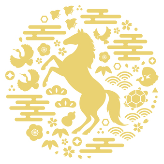 馬と縁起物の年賀状素材01 年賀状,馬,午,午年,正月,お正月,和柄,和風,干支,動物のイラスト素材