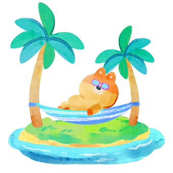 水彩画_ハンモックで寝る_02 猫,動物,手描き,水彩画,水彩,水彩風,水彩画風,夏休み,バカンス,南の島のイラスト素材