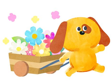 水彩画_ワゴンで花を運ぶ犬_01 犬,動物,手描き,水彩画,水彩,水彩風,水彩画風,春,ワゴン,植物のイラスト素材