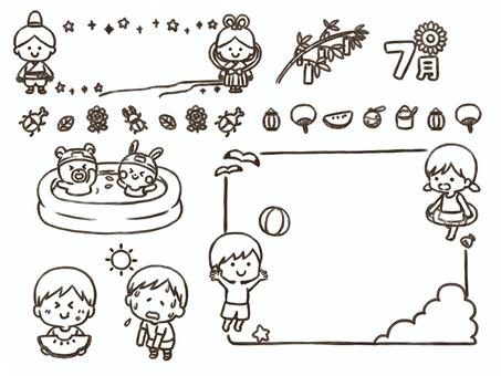 ７月のおたよりに使えるセット(太線版) 飾り枠,フレーム,飾り線,タイトル,見出し,夏,織姫,彦星,七夕,笹のイラスト素材