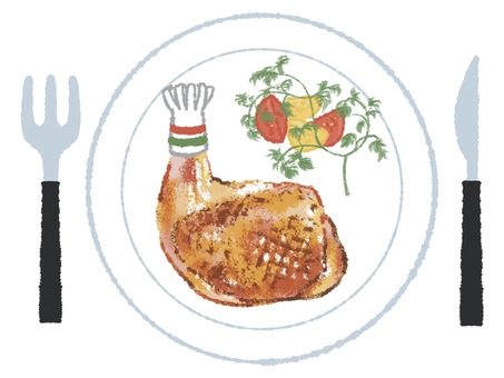 クリスマス　チキン　ディナー クリスマス,チキン,ローストチキン,ディナー,料理,レストラン,フォーク,ナイフ,お皿,シンプルのイラスト素材