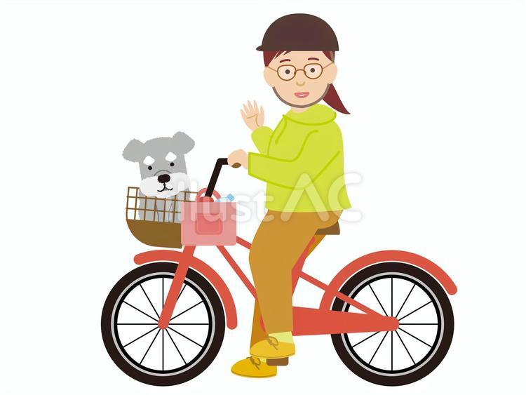 自転車の前カゴに犬を乗せた女性 女性,大人,人物のイラスト素材